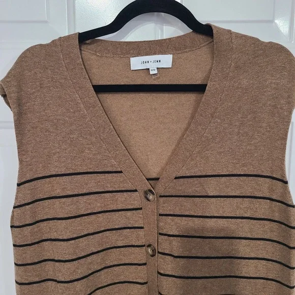 John + Jenn Womens Medium Tan Black Striped V-Neck Button Front Cardigan Sweater - Picture 3 of 11